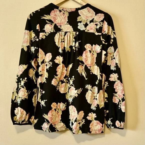 •SOLD•|Lauren| by Ralph Lauren Black and Pink Floral V-Neck Long Sleeve Blouse L - Picture 4 of 5
